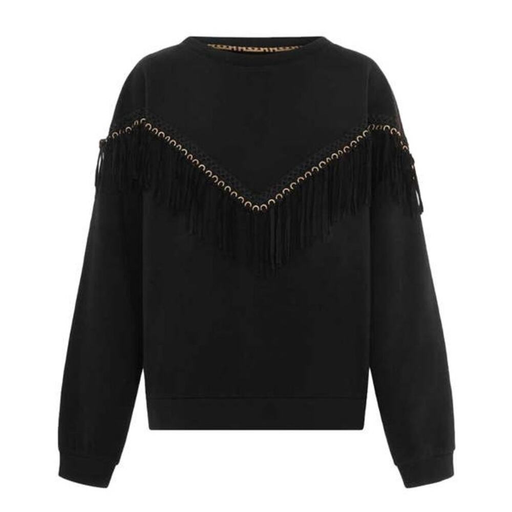 Hayley Menzies Ada Suede Fringe Cotton Blend Sweatshirt Size Large Solid Black